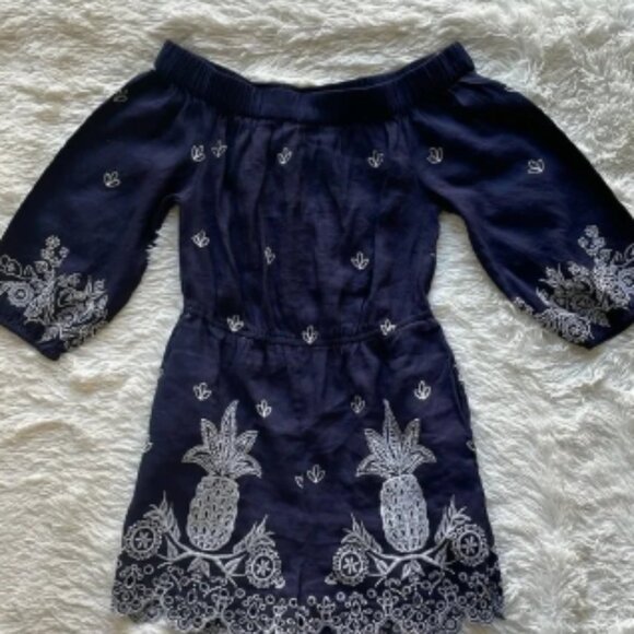 Farm Rio for Anthropologie Linen Embroidered Jackie Romper Navy XS - Picture 1 of 8